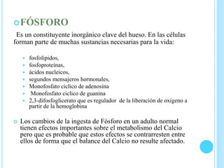 FÓSFORO
Es un constituyente inorgánico clave del hueso. En las células
forman parte de muchas sustancias necesarias para la vida:
 fosfolípidos,
 fosfoproteínas,
 ácidos nucleicos,
 segundos mensajeros hormonales,
 Monofosfato ciclico de adenosina
 Monofosfato ciclico de guanina
 2,3-difosfoglicerato que es regulador de la liberación de oxigeno a
partir de la hemoglobina
 Los cambios de la ingesta de Fósforo en un adulto normal
tienen efectos importantes sobre el metabolismo del Calcio
pero que es probable que estos efectos se contrarresten entre
ellos de forma que el balance del Calcio no resulte afectado.
 