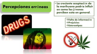 Percepciones erróneas
• La creciente aceptación de
la marihuana podría influir
en como los jóvenes
perciben esta en general.
Falta de información
Prejuicios
Estereotipos
 