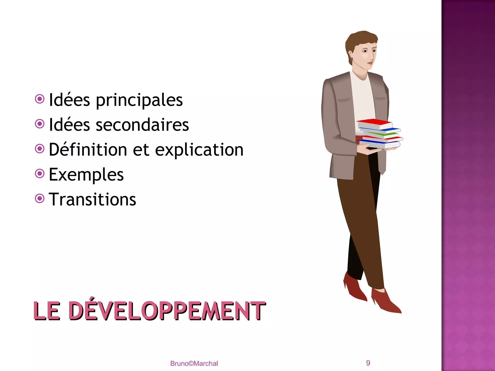 Idées principales Idées secondaires Définition et explication Exemples Transitions Bruno©Marchal LE DÉVELOPPEMENT 