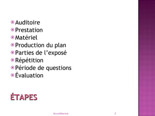 Auditoire Prestation  Matériel Production du plan Parties de l’exposé Répétition Période de questions Évaluation Bruno©Marchal ÉTAPES 
