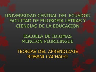 UNIVERSIDAD CENTRAL DEL ECUADOR
FACULTAD DE FILOSOFIA LETRAS Y
CIENCIAS DE LA EDUCACION
ESCUELA DE IDIOMAS
MENCION PLURILINGUE
TEORIAS DEL APRENDIZAJE
ROSANI CACHAGO
 