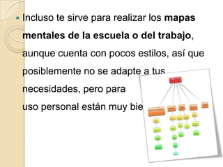    Incluso te sirve para realizar los mapas
    mentales de la escuela o del trabajo,
    aunque cuenta con pocos estilos, así que
    posiblemente no se adapte a tus
    necesidades, pero para
    uso personal están muy bien.
 