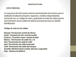 ANSI/EIA/TIA-606

  ESTA PROVEE:

Un esquema de información sobre la administración del camino para el
cableado de telecomunicación, espacios y medios independientes.
marcando con un código de color y grabando en estos los datos para la
administración de los cables de telecomunicaciones para su debida
identificación.

Código de color en los cables.

Naranja: Terminación central de oficina
Verde : Conexión de red / circuito auxiliar
Purpura : Conexión mayor / equipo de dato
Blanco : Terminación de cable mc a IC
Gris: Terminación de cable IC a MC
Azul :Terminación de cable horizontal
Café: Terminación del cable del campus
Amarillo: Mantenimiento auxiliar, alarmas y seguridad
Rojo : Sistema de teléfono
 