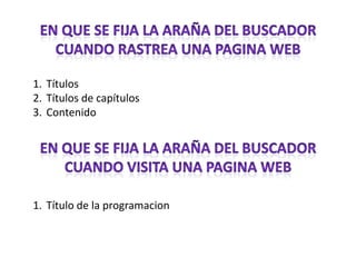 En que se fija la araña del buscadorCuando rastrea una pagina webTítulosTítulos de capítulosContenidoEn que se fija la araña del buscadorCuando visita una pagina webTítulo de la programacion