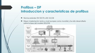 Profibus – DP
Introduccion y caracteristicas de profibus
 Norma estándar EN 50170 e IEC 61158
 Mayor implantación tanto a nivel europeo como mundial y ha sido desarrollado
sobre la base del modelo ISO/OSI
 