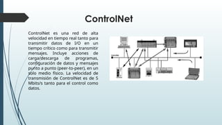 ControlNet
ControlNet es una red de alta
velocidad en tiempo real tanto para
transmitir datos de I/O en un
tiempo crítico como para transmitir
mensajes. Incluye acciones de
carga/descarga de programas,
configuración de datos y mensajes
punto a punto (peer-to-peer), en un
solo medio físico. La velocidad de
transmisión de ControlNet es de 5
Mbits/s tanto para el control como
datos.
 