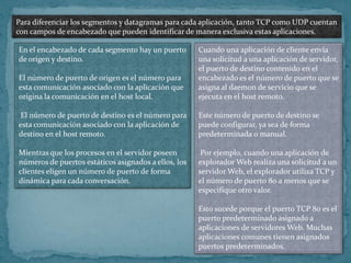 Para diferenciar los segmentos y datagramas para cada aplicación, tanto TCP como UDP cuentan
con campos de encabezado que pueden identificar de manera exclusiva estas aplicaciones.

En el encabezado de cada segmento hay un puerto       Cuando una aplicación de cliente envía
de origen y destino.                                  una solicitud a una aplicación de servidor,
                                                      el puerto de destino contenido en el
El número de puerto de origen es el número para       encabezado es el número de puerto que se
esta comunicación asociado con la aplicación que      asigna al daemon de servicio que se
origina la comunicación en el host local.             ejecuta en el host remoto.

 El número de puerto de destino es el número para     Este número de puerto de destino se
esta comunicación asociado con la aplicación de       puede configurar, ya sea de forma
destino en el host remoto.                            predeterminada o manual.

Mientras que los procesos en el servidor poseen        Por ejemplo, cuando una aplicación de
números de puertos estáticos asignados a ellos, los   explorador Web realiza una solicitud a un
clientes eligen un número de puerto de forma          servidor Web, el explorador utiliza TCP y
dinámica para cada conversación.                      el número de puerto 80 a menos que se
                                                      especifique otro valor.

                                                      Esto sucede porque el puerto TCP 80 es el
                                                      puerto predeterminado asignado a
                                                      aplicaciones de servidores Web. Muchas
                                                      aplicaciones comunes tienen asignados
                                                      puertos predeterminados.
 