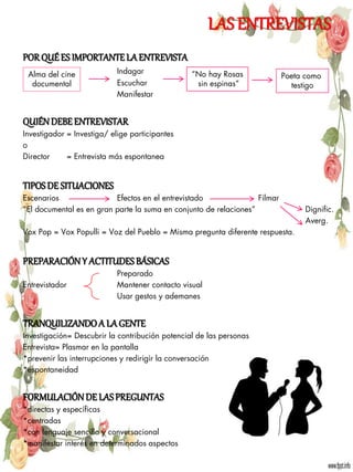 LAS ENTREVISTAS
POR QUÉ ES IMPORTANTE LA ENTREVISTA
 Alma del cine              Indagar              “No hay Rosas              Poeta como
  documental                Escuchar              sin espinas”                testigo
                            Manifestar


QUIÉN DEBE ENTREVISTAR
Investigador = Investiga/ elige participantes
o
Director     = Entrevista más espontanea


TIPOS DE SITUACIONES
Escenarios                Efectos en el entrevistado               Filmar
“El documental es en gran parte la suma en conjunto de relaciones”                Dignific.
                                                                                  Averg.
Vox Pop = Vox Populli = Voz del Pueblo = Misma pregunta diferente respuesta.


PREPARACIÓN Y ACTITUDES BÁSICAS
                            Preparado
Entrevistador               Mantener contacto visual
                            Usar gestos y ademanes


TRANQUILIZANDO A LA GENTE
Investigación= Descubrir la contribución potencial de las personas
Entrevista= Plasmar en la pantalla
*prevenir las interrupciones y redirigir la conversación
*espontaneidad


FORMULACIÓN DE LAS PREGUNTAS
*directas y específicas
*centradas
*con lenguaje sencillo y conversacional
*manifestar interés en determinados aspectos
 