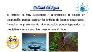Calidad del Agua
El sistema es muy susceptible a la presencia de sólidos en
suspensión, porque taponan los orificios de los microaspersores.
Inclusive, la presencia de algunas sales puede taponarlos, al
precipitarse en las boquillas cuando cesa el riego.
 