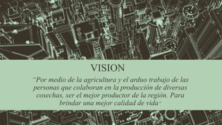 VISION
“Por medio de la agricultura y el arduo trabajo de las
personas que colaboran en la producción de diversas
cosechas, ser el mejor productor de la región. Para
brindar una mejor calidad de vida”
 