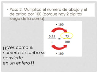 • Paso 2: Multiplica el numero de abajo y el
de arriba por 100 (porque hay 2 dígitos
luego de la coma):
(¿Ves como el
número de arriba se
convierte
en un entero?)
 