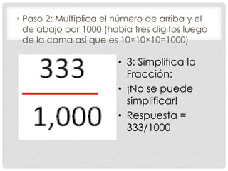 • Paso 2: Multiplica el número de arriba y el
de abajo por 1000 (había tres dígitos luego
de la coma así que es 10×10×10=1000)
• 3: Simplifica la
Fracción:
• ¡No se puede
simplificar!
• Respuesta =
333/1000
 