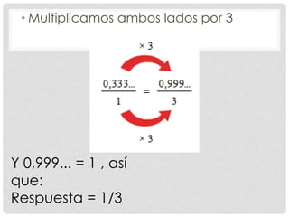 • Multiplicamos ambos lados por 3
Y 0,999... = 1 , así
que:
Respuesta = 1/3
 