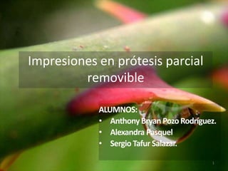 Impresiones en prótesis parcial
removible
1
ALUMNOS:
• AnthonyBryan PozoRodríguez.
• Alexandra Pasquel
• Sergio Tafur Salazar.
 