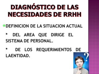 DEFINICION   DE LA SITUACION ACTUAL

 * DEL AREA QUE DIRIGE EL
 SISTEMA DE PERSONAL.

 *   DE LOS REQUERIMIENTOS DE
 LAENTIDAD.
 
