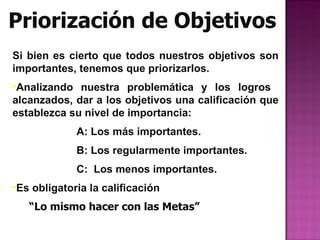 Priorización de Objetivos
Si bien es cierto que todos nuestros objetivos son
importantes, tenemos que priorizarlos.
•Analizando nuestra problemática y los logros
alcanzados, dar a los objetivos una calificación que
establezca su nivel de importancia:
             A: Los más importantes.
             B: Los regularmente importantes.
             C: Los menos importantes.
•Es obligatoria la calificación
   “Lo mismo hacer con las Metas”
 