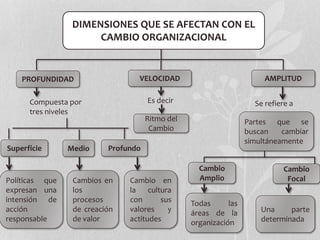 DIMENSIONES QUE SE AFECTAN CON EL
CAMBIO ORGANIZACIONAL
PROFUNDIDAD AMPLITUDVELOCIDAD
Compuesta por
tres niveles
ProfundoMedioSuperficie
Políticas que
expresan una
intensión de
acción
responsable
Cambio en
la cultura
con sus
valores y
actitudes
Cambios en
los
procesos
de creación
de valor
Es decir
Ritmo del
Cambio
Se refiere a
Partes que se
buscan cambiar
simultáneamente
Cambio
Focal
Cambio
Amplio
Todas las
áreas de la
organización
Una parte
determinada
 
