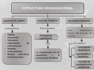 ESTRUCTURA ORGANIZACIONAL
AGENTES DE CAMBIO FOCO DEL TRABAJO RECURSOS HUMANOS
Características
• Hábiles
• Innovación
• Tolerancia
• Capacidades de
comunicación
• Respeto
• Conocimientos
• Buenas Relaciones
Interpersonales
Direccionado a
Procesos de
capacitación
Para
La comprensión de los
propósitos y la
consecución de Metas
Gran importancia
dentro del proceso de
cambio
En cuanto a
Contratación
de personal
Capacitación y
formación
Inclusión de
funciones socio-
ambientales
 