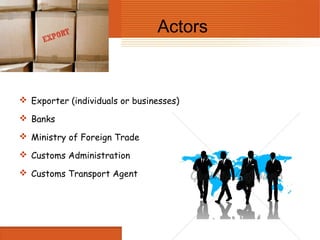 Actors


 Exporter (individuals or businesses)

 Banks

 Ministry of Foreign Trade

 Customs Administration

 Customs Transport Agent
 