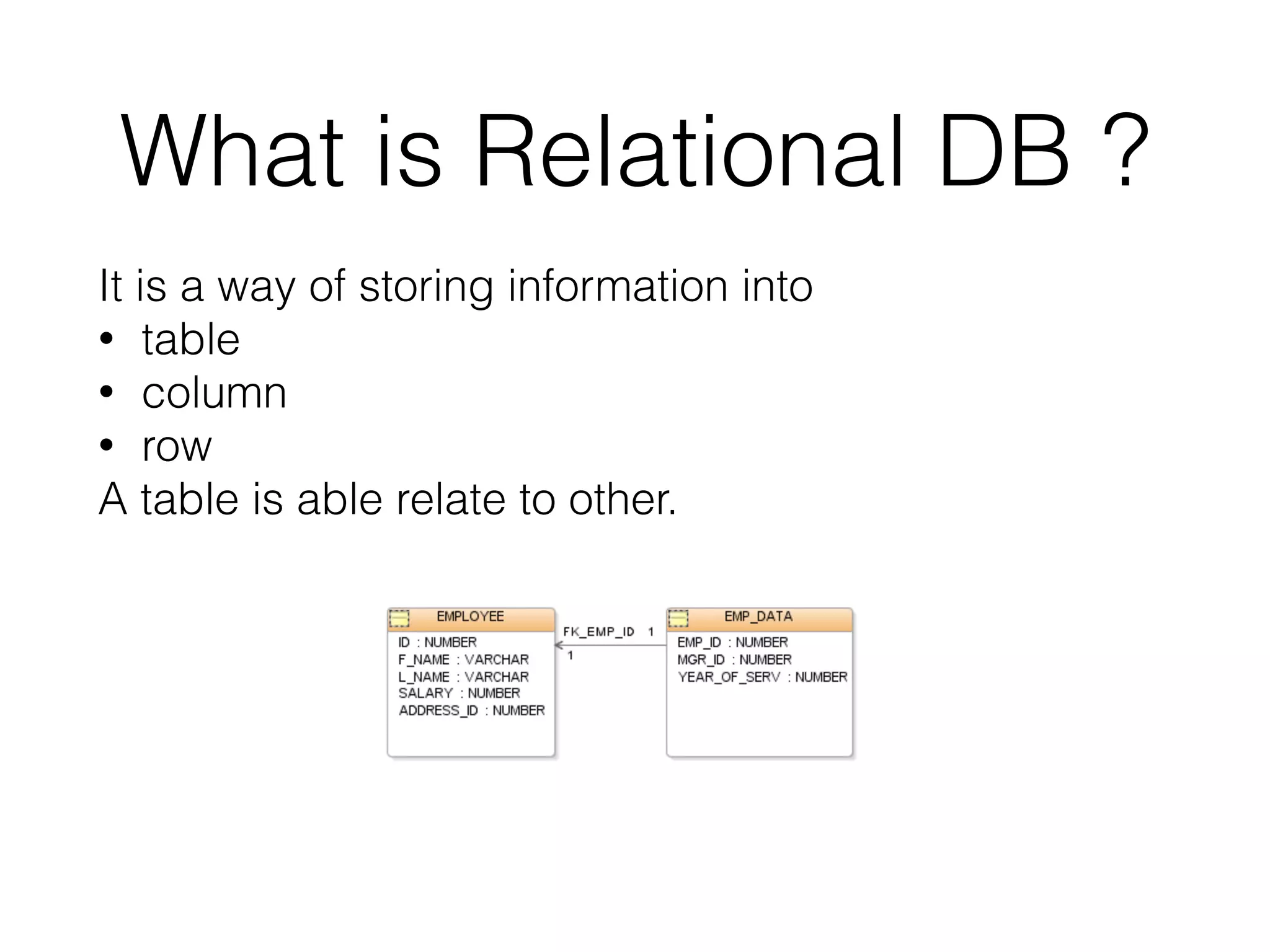 What is Relational DB ?
It is a way of storing information into
• table
• column
• row
A table is able relate to other.
 