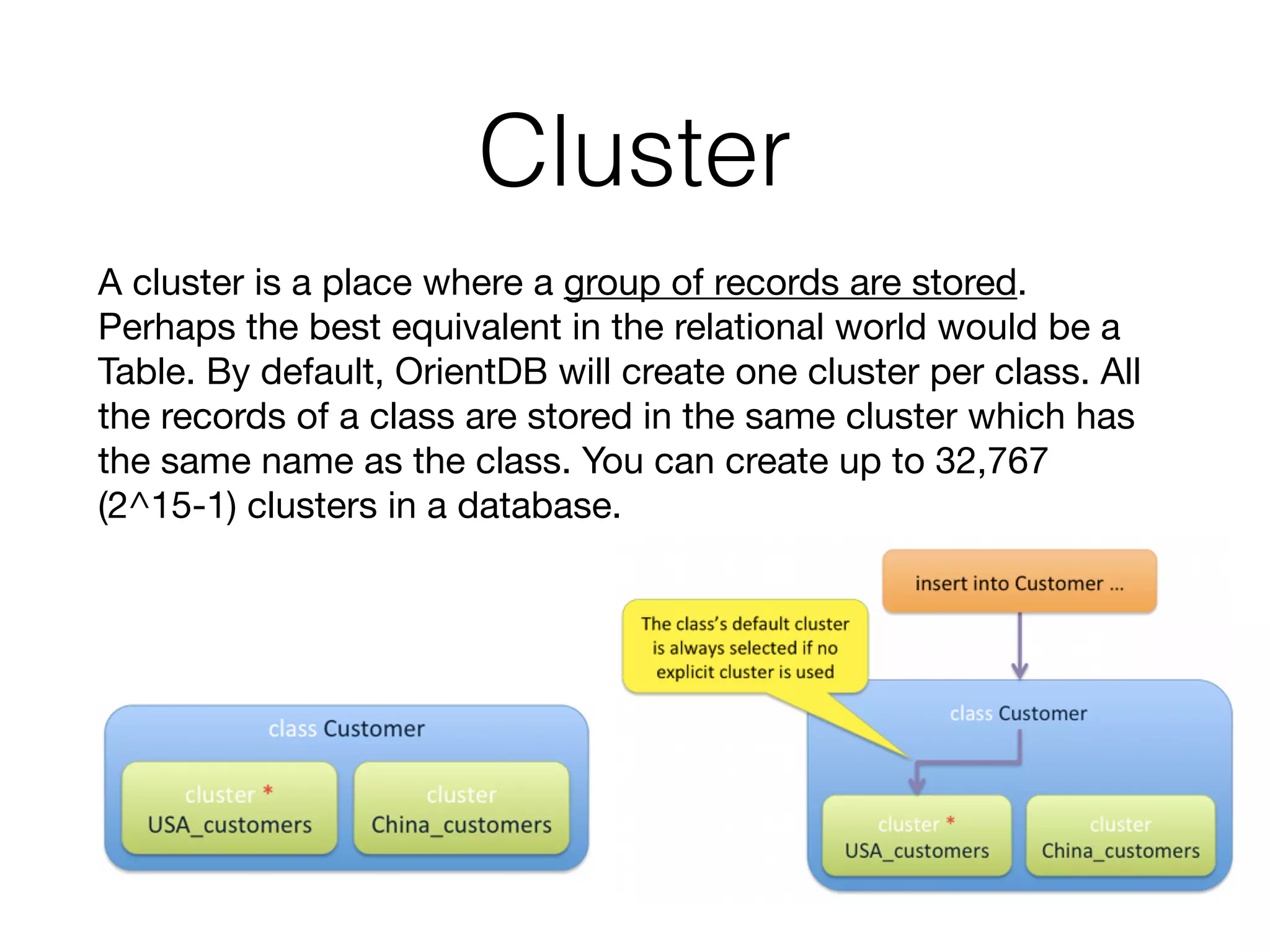 Cluster
A cluster is a place where a group of records are stored.
Perhaps the best equivalent in the relational world would be a
Table. By default, OrientDB will create one cluster per class. All
the records of a class are stored in the same cluster which has
the same name as the class. You can create up to 32,767
(2^15-1) clusters in a database.

 