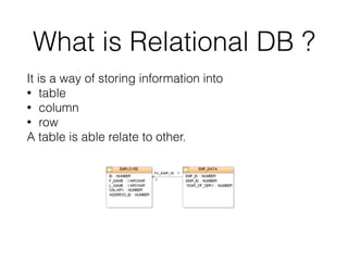 What is Relational DB ?
It is a way of storing information into
• table
• column
• row
A table is able relate to other.
 