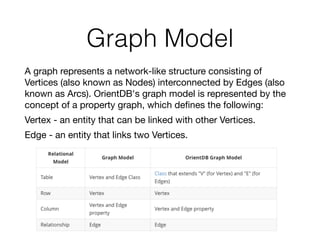 Graph Model
A graph represents a network-like structure consisting of
Vertices (also known as Nodes) interconnected by Edges (also
known as Arcs). OrientDB's graph model is represented by the
concept of a property graph, which deﬁnes the following:

Vertex - an entity that can be linked with other Vertices.

Edge - an entity that links two Vertices.
 