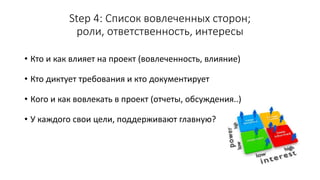 Step 4: Список вовлеченных сторон;
роли, ответственность, интересы
• Кто и как влияет на проект (вовлеченность, влияние)
• Кто диктует требования и кто документирует
• Кого и как вовлекать в проект (отчеты, обсуждения..)
• У каждого свои цели, поддерживают главную?
 
