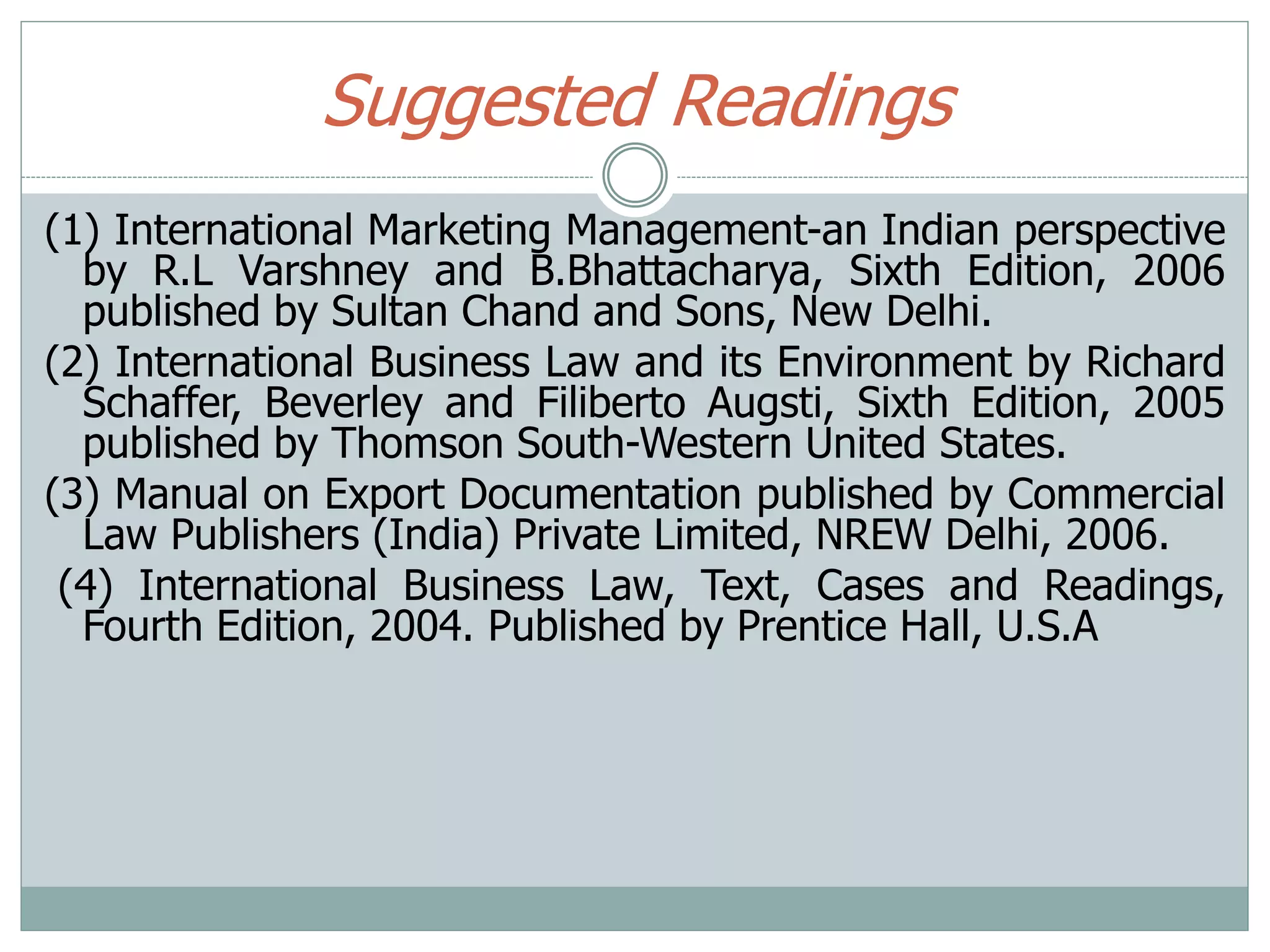 Suggested Readings
(1) International Marketing Management-an Indian perspective
by R.L Varshney and B.Bhattacharya, Sixth Edition, 2006
published by Sultan Chand and Sons, New Delhi.
(2) International Business Law and its Environment by Richard
Schaffer, Beverley and Filiberto Augsti, Sixth Edition, 2005
published by Thomson South-Western United States.
(3) Manual on Export Documentation published by Commercial
Law Publishers (India) Private Limited, NREW Delhi, 2006.
(4) International Business Law, Text, Cases and Readings,
Fourth Edition, 2004. Published by Prentice Hall, U.S.A
 