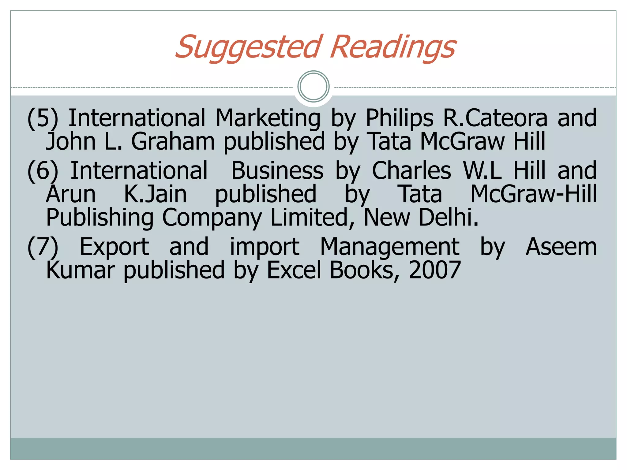 Suggested Readings
(5) International Marketing by Philips R.Cateora and
John L. Graham published by Tata McGraw Hill
(6) International Business by Charles W.L Hill and
Arun K.Jain published by Tata McGraw-Hill
Publishing Company Limited, New Delhi.
(7) Export and import Management by Aseem
Kumar published by Excel Books, 2007
 