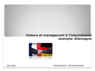 Valeurs et management à l’international
exemple: Allemagne

18/11/2013

Claudia Scanvic – CCI Alsace Export

9

 