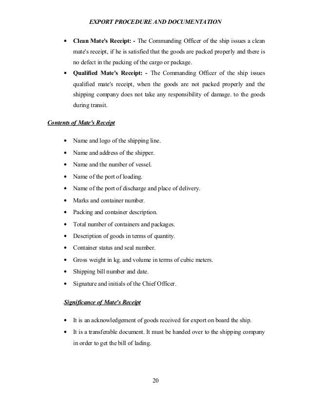 export procedure and documentation shipping bill of lading