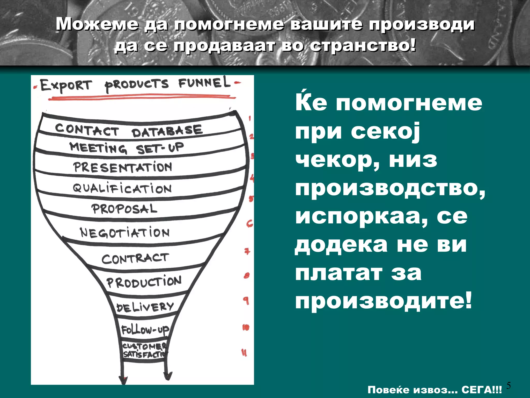 Можеме да помогнеме вашите производи да се продаваат во странство! Ќе помогнеме при секој чекор, низ производство, испоркаа, се додека не ви платат за производите! 