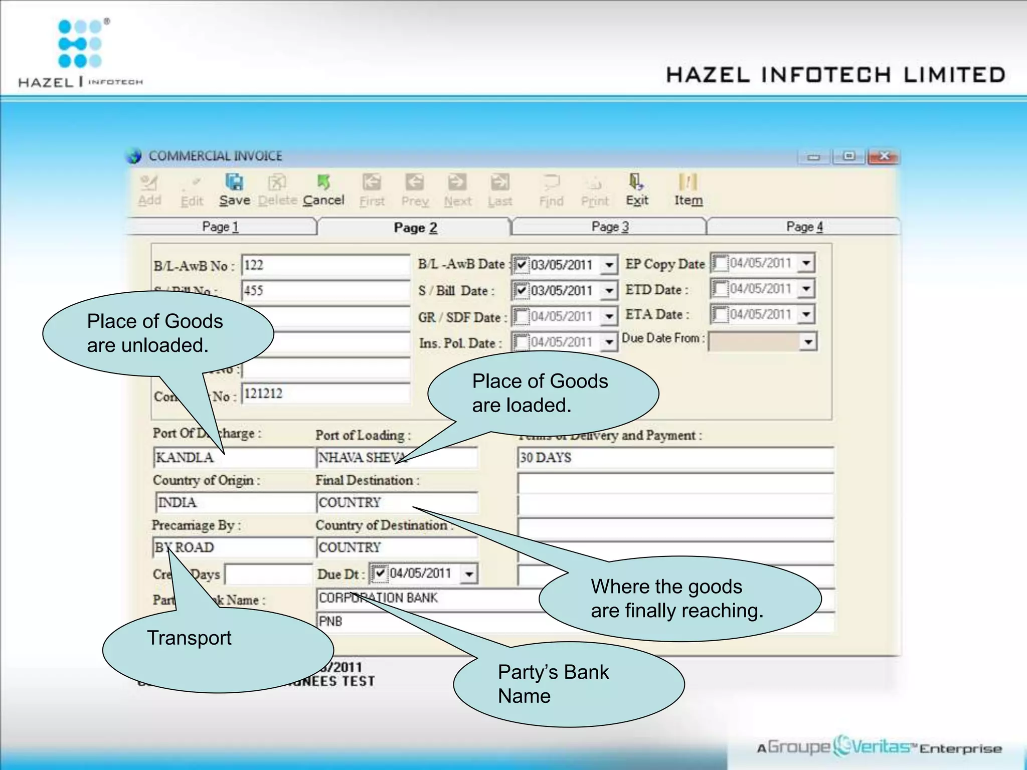 Place of Goods
are loaded.
Place of Goods
are unloaded.
Where the goods
are finally reaching.
Transport
Party’s Bank
Name
 