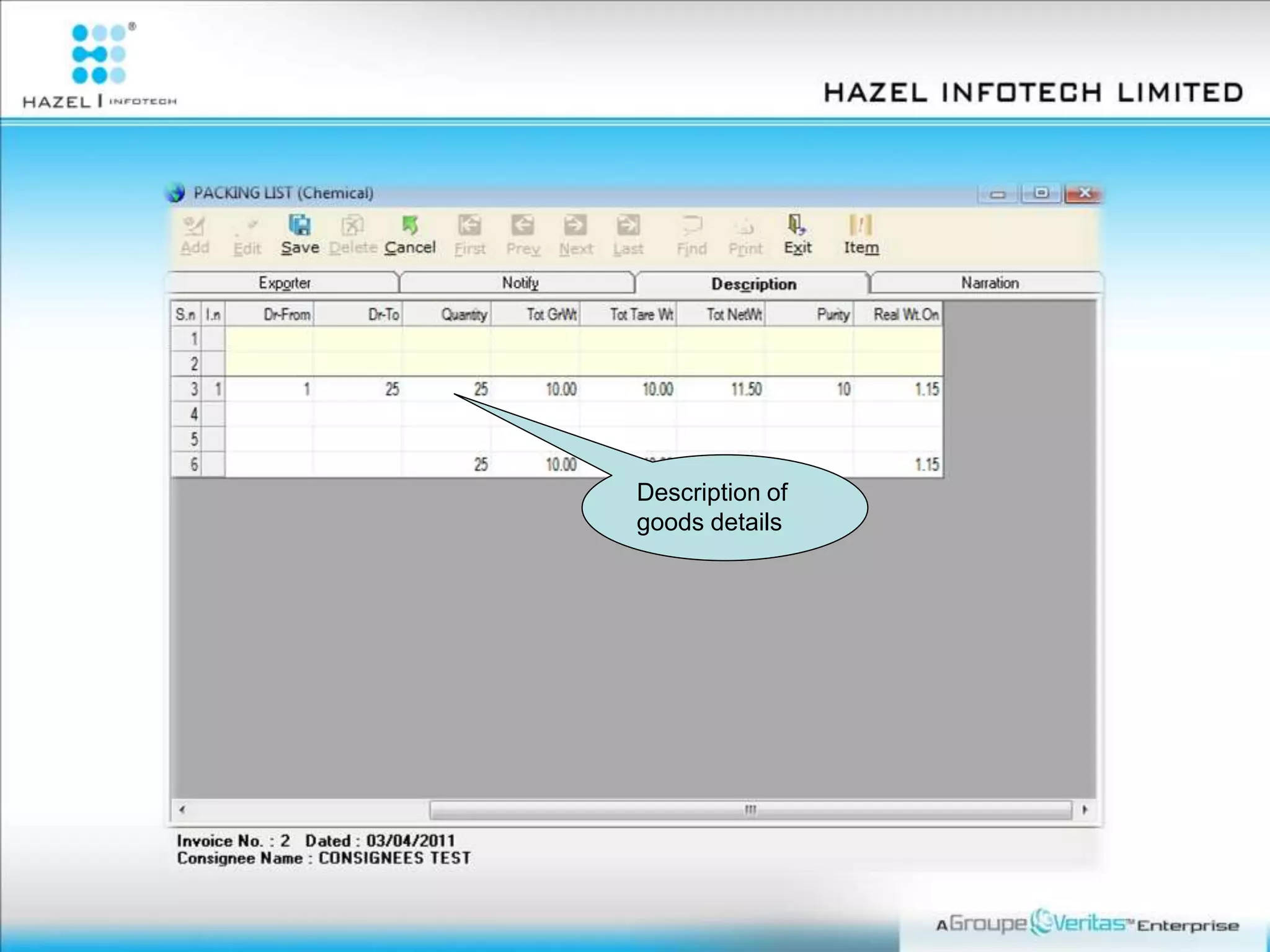 Description of
goods details
 