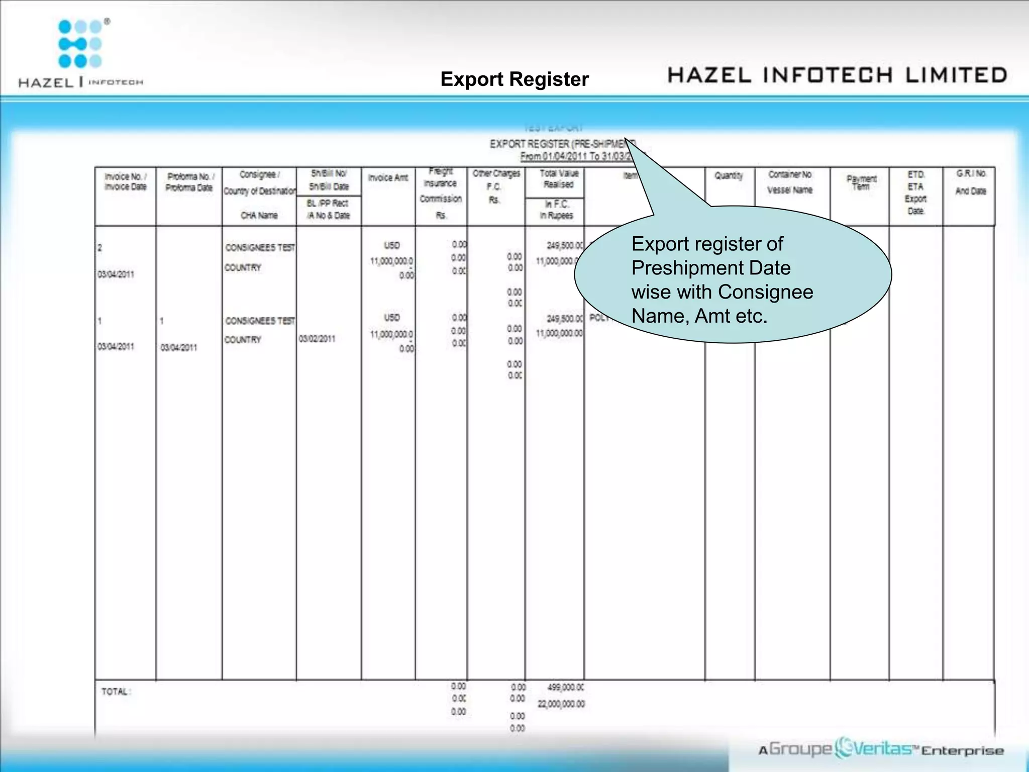 Export Register
Export register of
Preshipment Date
wise with Consignee
Name, Amt etc.
 
