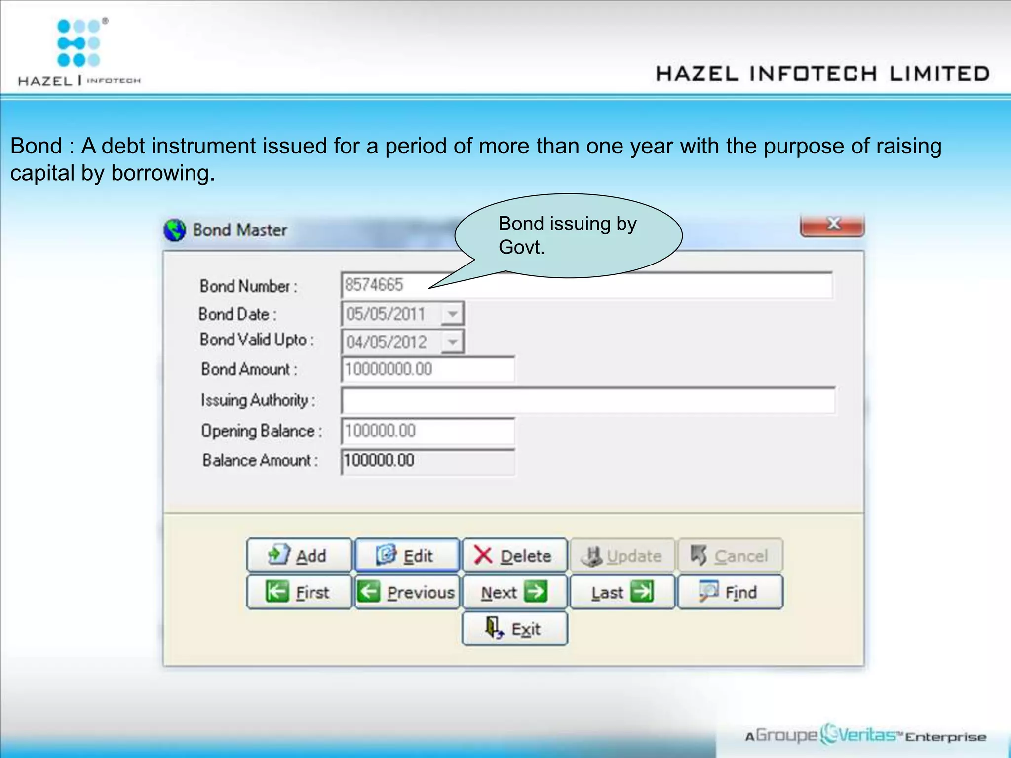 Bond : A debt instrument issued for a period of more than one year with the purpose of raising
capital by borrowing.
Bond issuing by
Govt.
 