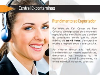 Central Exportaminas
Por meio do Call Center ou Fale
Conosco são registradas por atendentes
especializados e enviadas para a análise
de consultores, sendo que no prazo
máximo de até 48 horas, o empresário
recebe a resposta sobre a sua consulta.
Ao mesmo tempo são realizados
atendimentos por nossos especialistas,
diretamente nas empresas ou no
escritório da Central Exportaminas, na
forma individual, cursos ou palestras.
Atendimento ao Exportador
 
