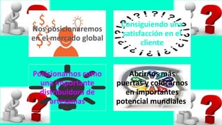Nos posicionaremos
en el mercado global
Consiguiendo una
satisfacción en el
cliente
Posicionarnos como
una importante
distribuidora de
artesanías
Abrirnos más
puertas y colocarnos
en importantes
potencial mundiales.
 