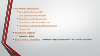 • Documentos deTransporte:
• Carta de porte ferroviario CIM
• Carta de porte por carretera CMR
• Conocimiento de Embarque Aéreo
• Conocimiento de Embarque Maritimo
• Conocimiento de Embarque Multimodal FIATA
• CuadernoTIR
• Documentos de Seguro
• Individual y Global
• Legalización de Documentos: Canadá es uno de los países firmantes del Convenio de La Haya
 