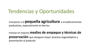 Tendencias y Oportunidades
Incorporar a la pequeña agricultura a encadenamientos
productivos, especialmente en berries

Innovar en mejores medios   de empaque y técnicas de
preservación que otorguen mayor atractivo organoléptico y
presentación al producto
 