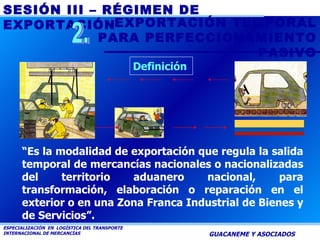 “ Es la modalidad de exportación que regula la salida temporal de mercancías nacionales o nacionalizadas del territorio aduanero nacional, para transformación, elaboración o reparación en el exterior o en una Zona Franca Industrial de Bienes y de Servicios” . 2. EXPORTACIÓN TEMPORAL PARA PERFECCIONAMIENTO PASIVO Definición 