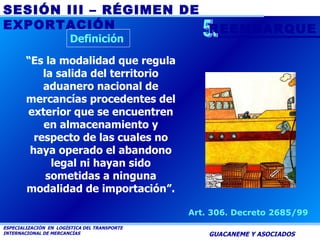 “ Es la modalidad que regula la salida del territorio aduanero nacional de mercancías procedentes del exterior que se encuentren en almacenamiento y respecto de las cuales no haya operado el abandono legal ni hayan sido sometidas a ninguna modalidad de importación ”. Art. 306. Decreto 2685/99 5. REEMBARQUE Definición 