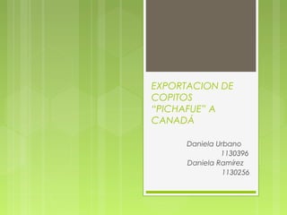 EXPORTACION DE
COPITOS
“PICHAFUE” A
CANADÁ
Daniela Urbano
1130396
Daniela Ramírez
1130256
 
