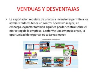 VENTAJAS Y DESVENTAJAS
• La exportación requiere de una baja inversión y permite a los
administradores tener un control operativo mayor, sin
embargo, exportar también significa perder control sobre el
marketing de la empresa. Conforme una empresa crece, la
oportunidad de exportar es cada vez mayor.
 