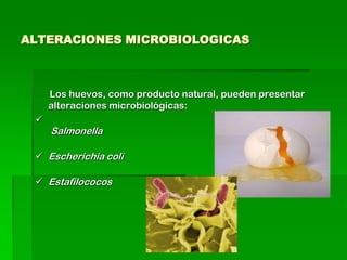 ALTERACIONES MICROBIOLOGICAS



     Los huevos, como producto natural, pueden presentar
     alteraciones microbiológicas:
 
     Salmonella

  Escherichia coli

  Estafilococos
 
