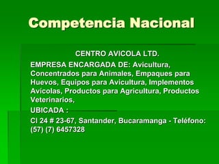 Competencia Nacional

            CENTRO AVICOLA LTD.
EMPRESA ENCARGADA DE: Avicultura,
Concentrados para Animales, Empaques para
Huevos, Equipos para Avicultura, Implementos
Avícolas, Productos para Agricultura, Productos
Veterinarios,
UBICADA :
Cl 24 # 23-67, Santander, Bucaramanga - Teléfono:
(57) (7) 6457328
 