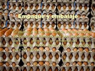 Empaque y embalaje

En cuanto a la presentación de venta escogida
de acuerdo al mercado que sea determinado
para ser atendido. la presentación es en
panales de cartón cada uno con capacidad
para 30 huevos.
 