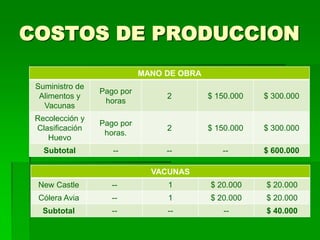COSTOS DE PRODUCCION
                            MANO DE OBRA
 Suministro de
                 Pago por
  Alimentos y                    2         $ 150.000   $ 300.000
                  horas
   Vacunas
 Recolección y
                 Pago por
 Clasificación                   2         $ 150.000   $ 300.000
                  horas.
    Huevo
   Subtotal         --           --           --       $ 600.000

                              VACUNAS
 New Castle         --           1         $ 20.000    $ 20.000
 Cólera Avia        --           1         $ 20.000    $ 20.000
   Subtotal         --           --            --      $ 40.000
 