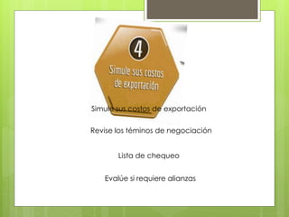 Revise los téminos de negociación
Simule sus costos de exportación
Lista de chequeo
Evalúe si requiere alianzas
 